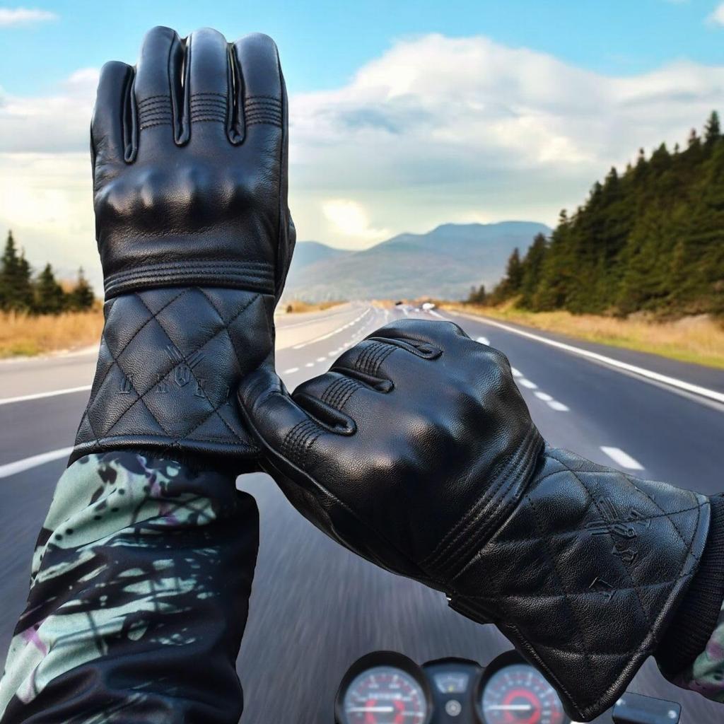 YOSHI Biker Winter Motorcycle Leather Goat Leather with Diamond Vintage Touchscreen Quilted Cold Weather Protection Size Gloves, Gloves, Stitching,