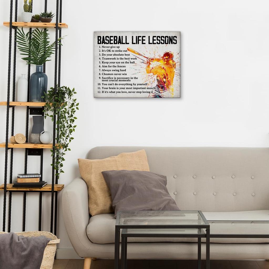 Hijie Baseball Poster Canvas Wall Art for Home Decor, Baseball Life Lessons Motivational Canvas Print Painting, Baseball Gifts for Men Baseball