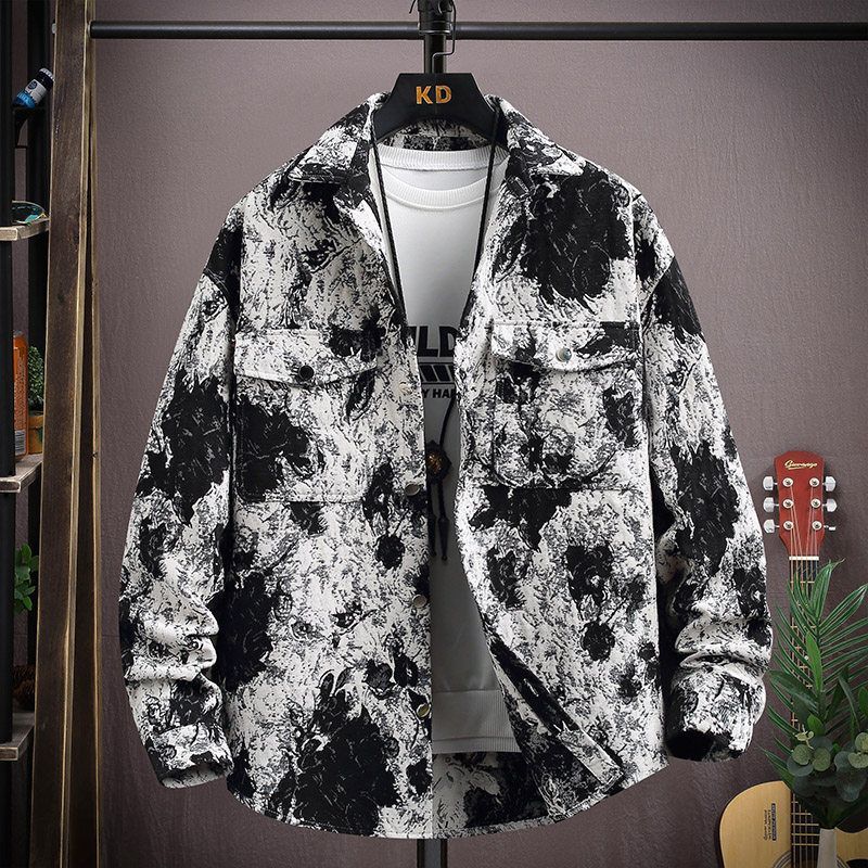 Mens Ink Wash Print Denim Jacket Casual Button Up Jacket with Pockets for Streetwear S чёрный