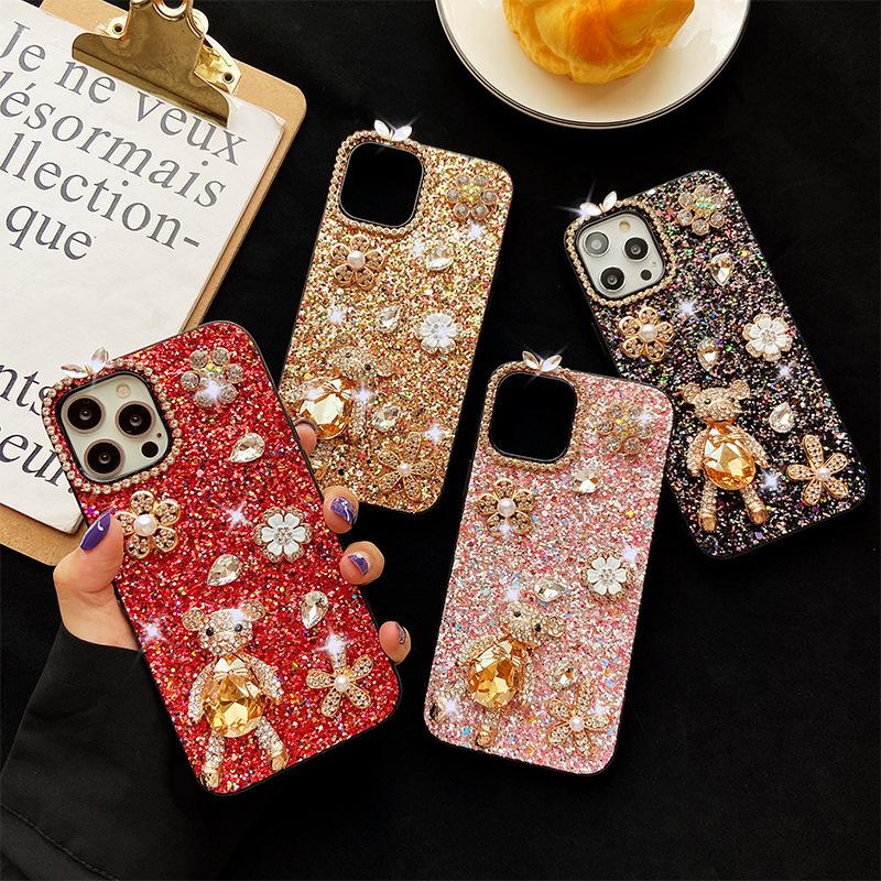 Apple 16Promax Mobile Phone Case Is Suitable For Apple 17 Glitter 14Plus Bear 13Pro Rhinestone Woman