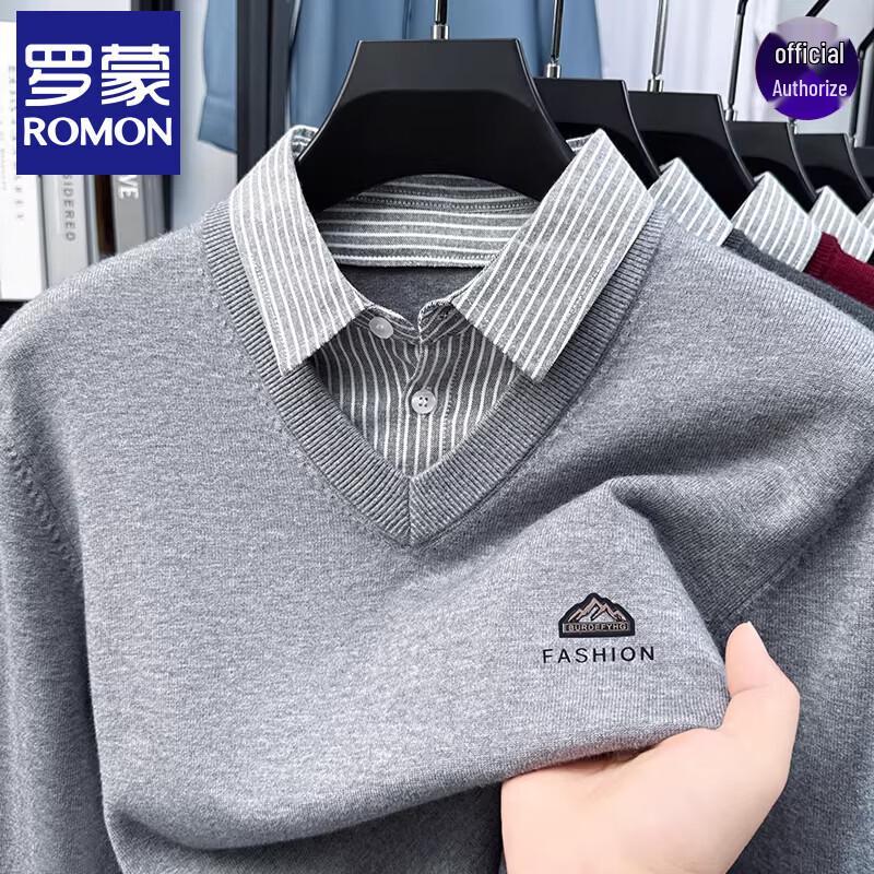 Romon Men s Mock Two-Piece Shirt Collar Knit Sweater XL
