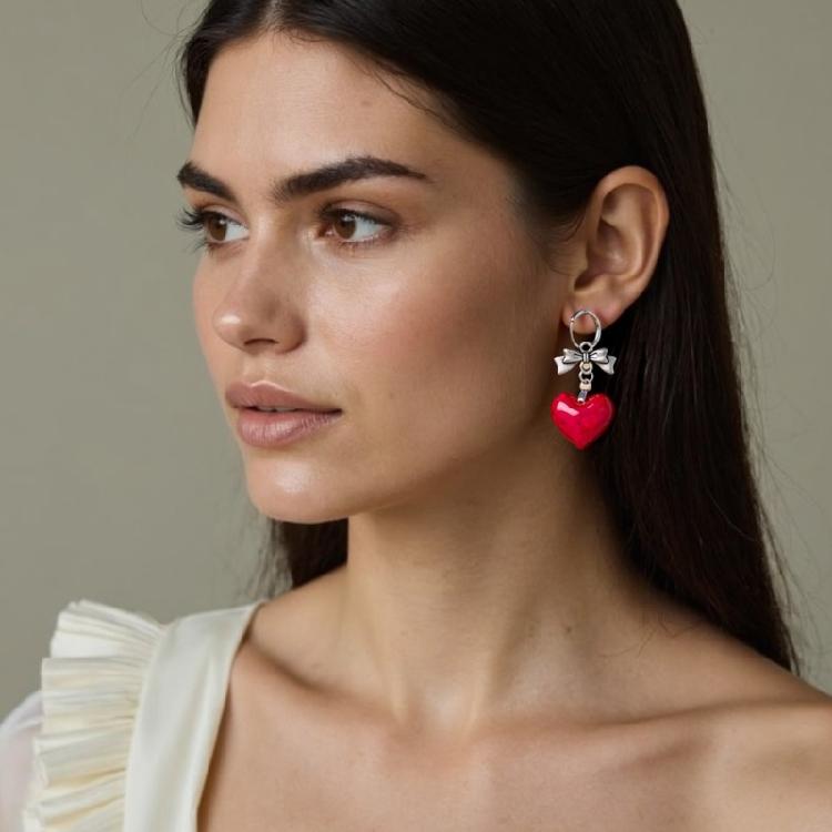 Dark Style Bowknot Heart Earrings Hypoallergenically Alloy Lightweight Secure Hook Jewelry For Daily  Wear