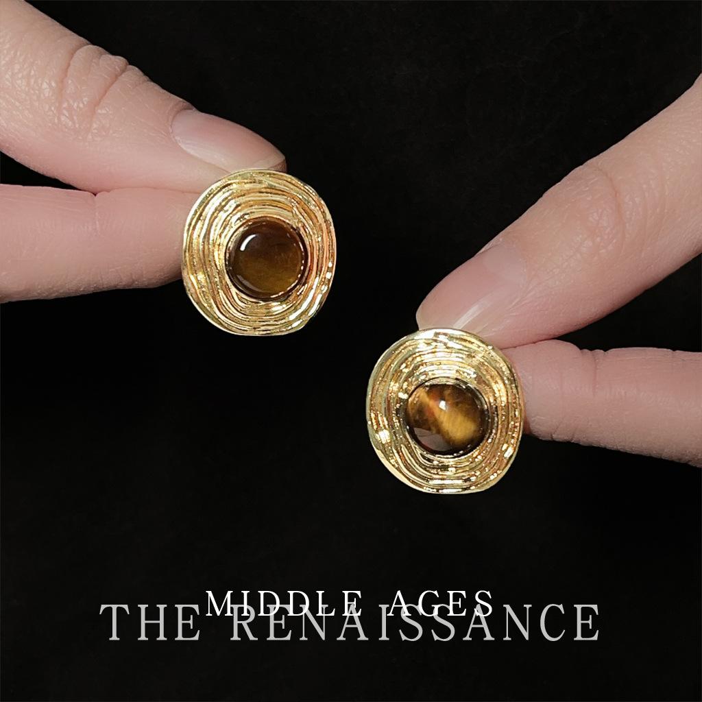 Геометрические круглые серьги-пусеты из тигрового глаза, ретро, литературные, высококлассные, универсальные серьги