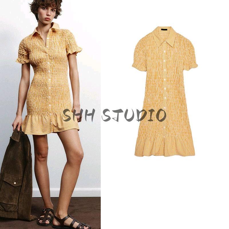 Spring New Women Clothes French Style Frill Temperament Small Plaid Short Sleeve Lapel Short Dress 4661327