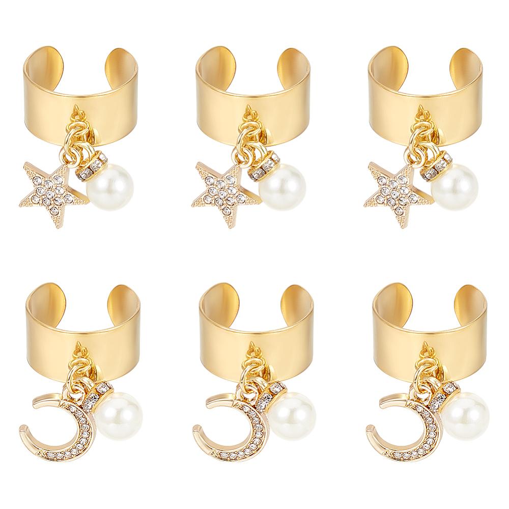 304 Stainless Steel Cuff Rings, Star & Moon Alloy Pendant, Golden, Adjustable, 37~38mm, 6pcs/set