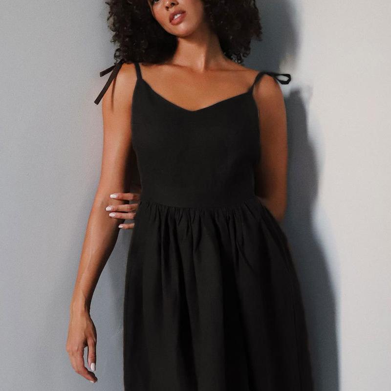 French Vacation Style Sexy Pure Desire Cotton Linen Tie Backless Strap Dress Women's Hot Item