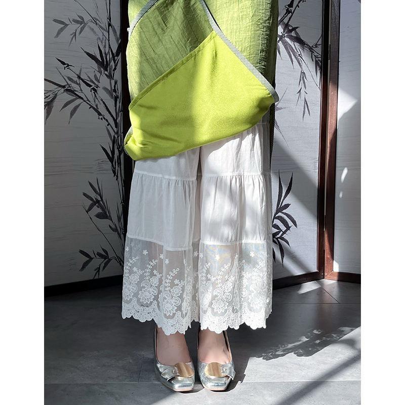 Sweet and Fresh Cropped Pants In Spring and Summer, Loose Oversized Embroidered Patchwork Lace Solid Color Micro Flared Pants