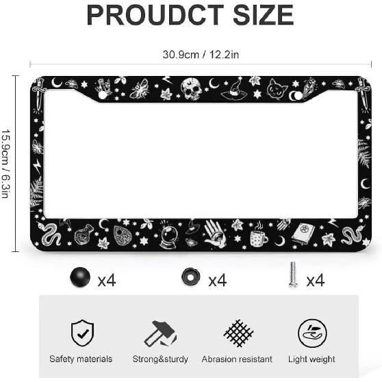 Goth License Plate Frame Novelty Personalized Car Tag Halloween Steering Wheel Covers Witchy License Plate Cover 2 Holes For US Standard Vehicles
