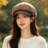 Retro denim splicing octagonal newsboy hat female autumn and winter British beret showing face small casual painter cap tide