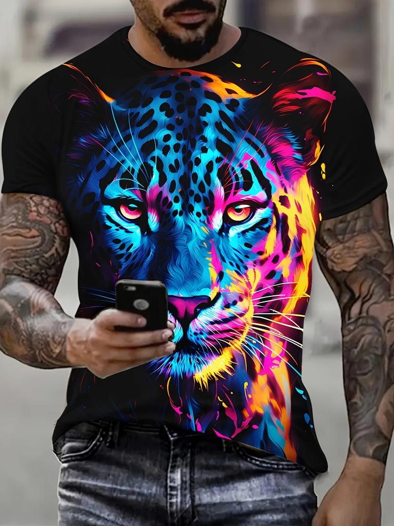 Summer Men's Colorful Tiger Graphic 3D Print T-shirt Fashion Casual Short Sleeve Tees Loose Top