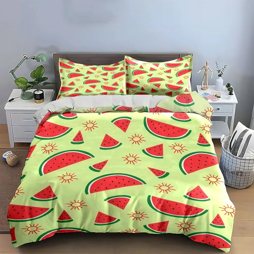 Wassermelonen-Muster Sommer-Deko-Set Bettwäsche-Set mit 1 Bettbezug 2 Kissenbezügen Einzel Doppel King Queen Geschenk