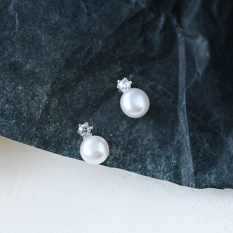 925 Sterling Silver Simple Crystal Pearl Stud Earrings Women Fashion Charm Anniversary Gift Jewelry