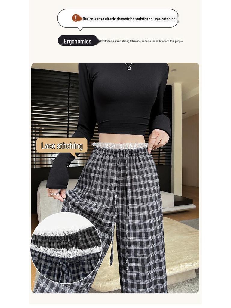 Korean Lace-Trim Plaid Wide-Leg High-Waist Pants for Women - Versatile Spring/Summer Casual Style