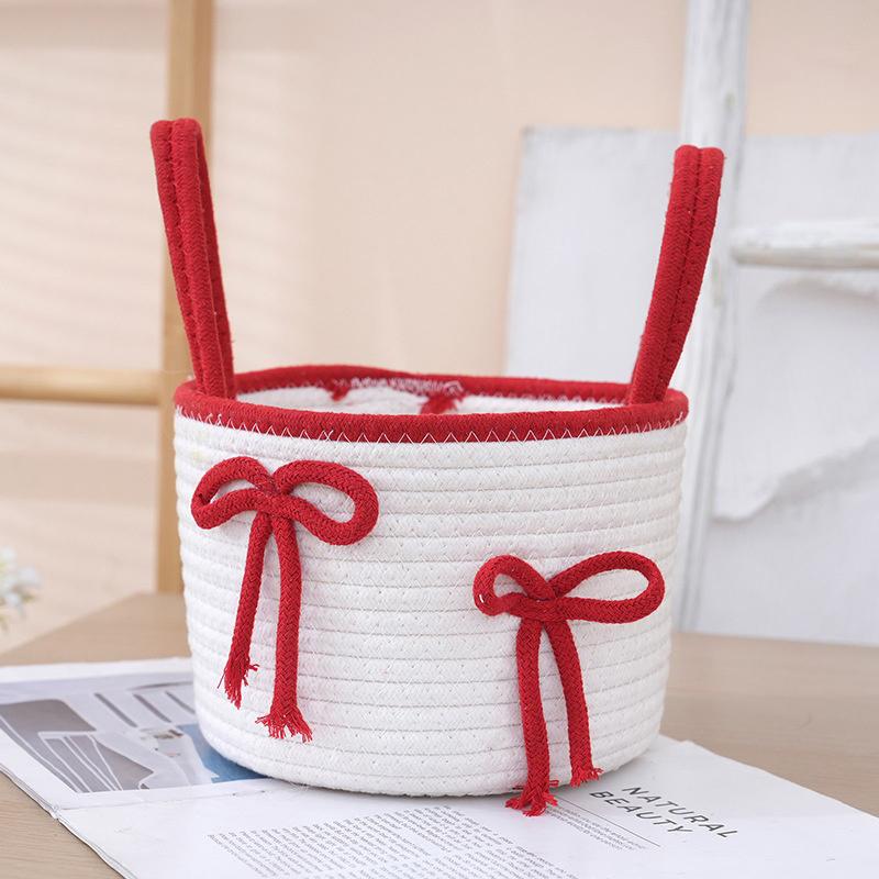 Cute Crochet Storage Basket With Lid - Woven Cotton Home Organizer Bin, Decorative Desktop Dustproof Box For Trinkets & Crafts