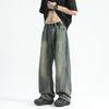 Men's K Gray Distressed Wide Leg Jeans Loose Fit High Waist Casual Denim Trousers Streetwear Bot