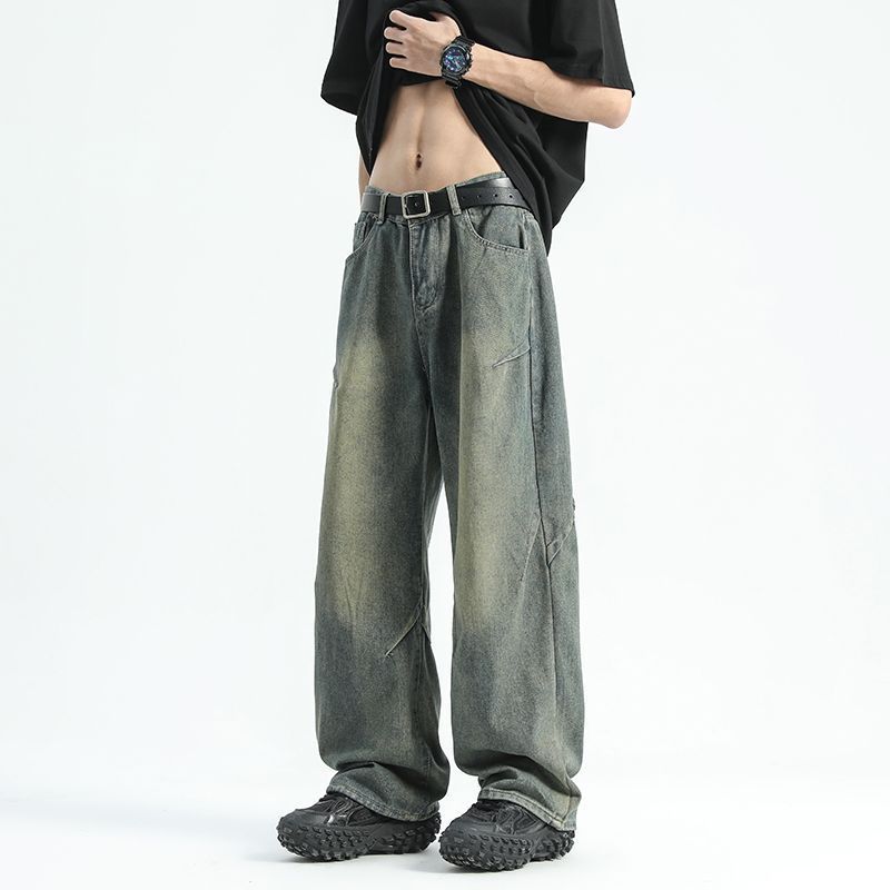 Men's K Gray Distressed Wide Leg Jeans Loose Fit High Waist Casual Denim Trousers Streetwear Bot