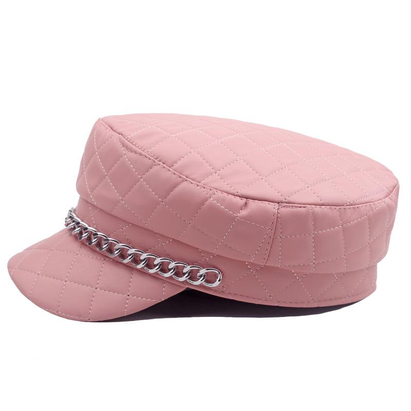 Leather Painted Hat Women's Chain Flat Top Army Hat Autumn Winter Warm Cap