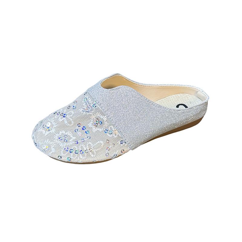 Fashion Round-toed Padded Mesh Half-slipper for Women In 2025 Summer Low-heeled Flat-bottomed, Lazy Person, Hollowed-out Women Slippers