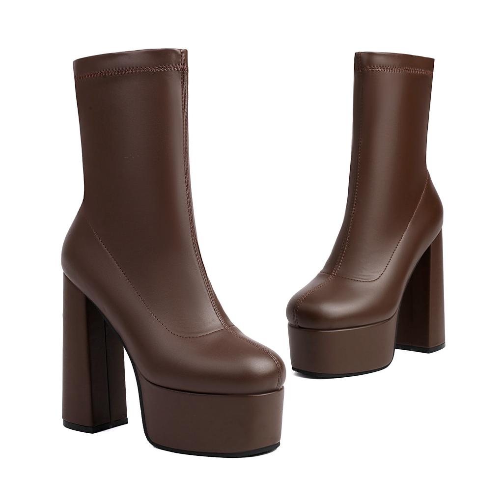 Sung Fit Ankle Boots Women's Platform Stretch Boots Soft PU Comfy Chunky High Heels Shoes Slip On Gold Silver Balck White Brown