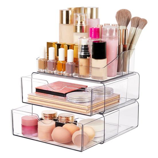 3 Tier Clear Acrylic Makeup Organizer with Drawer Large Cosmetic Storage Box