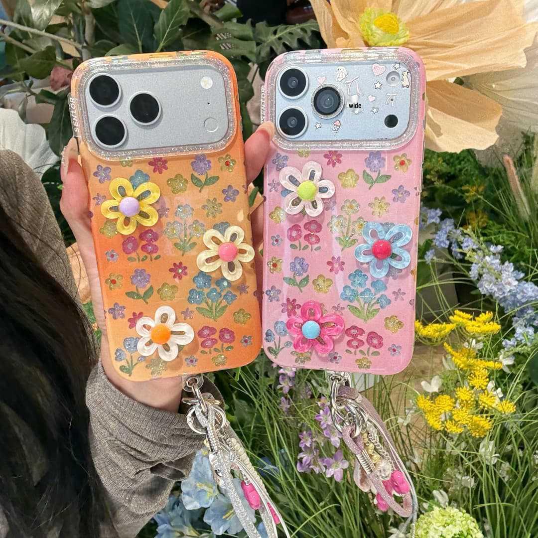 

Korean-Style 3D Floral iPhone 15/16/17 Pro Max Case with Lanyard & Drop Protection iPhone 16 Pro Max