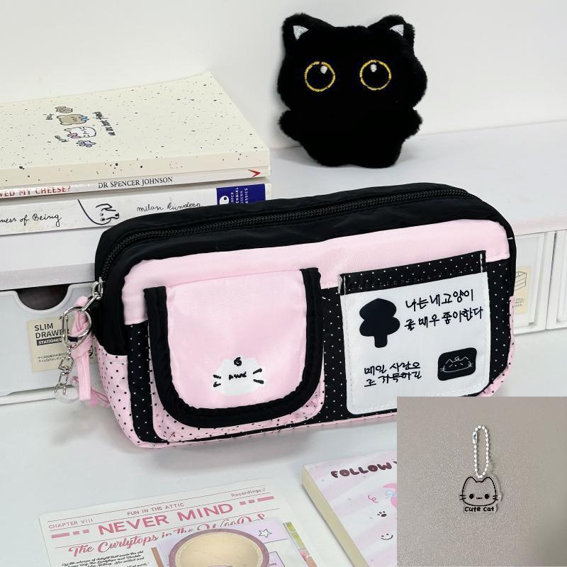 Pink & White Cartoon Kitten Pencil Case - Large Capacity for Girls, Trendy & Cute Stationery Bag for Students