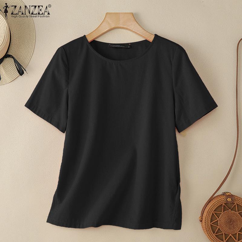 ZANZEA Women Casual Round Neck Loose Summer Short Sleeve Blouse