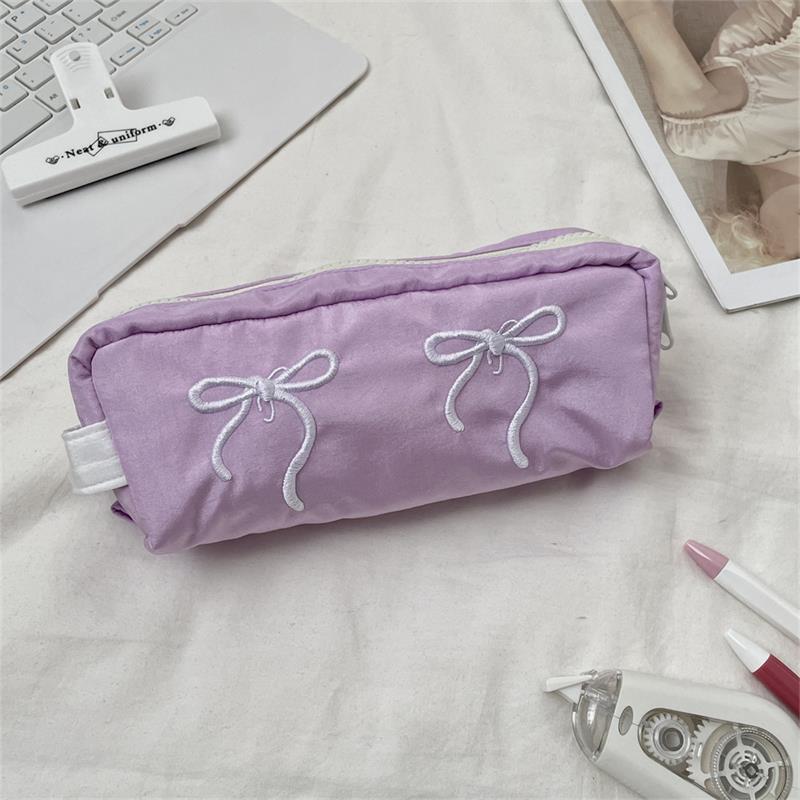 Cute Simple Bowknot Hand-Held Pencil Case Girly Pencil Bags Large Capacity Portable Student Stationery Storage Bag School Supply