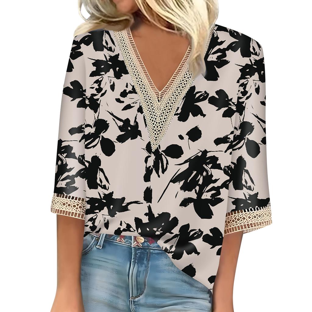 Women's Shirt Blouse Casual Loose Shirts 3/4 Sleeve Lace Trims Print V Neck Tops Print Tops T-shirts Tee