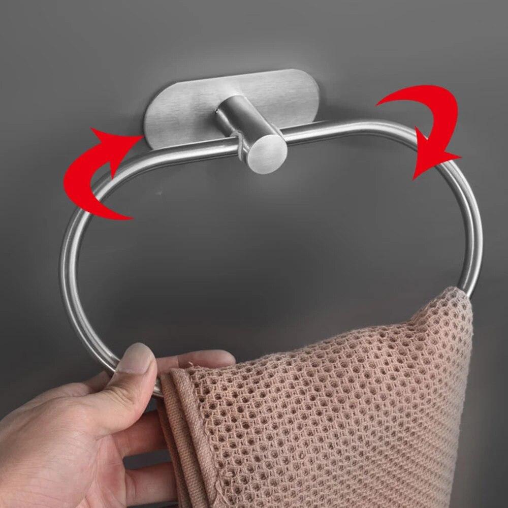 1PC Stainless Steel Towel Ring Bathroom Bathroom Kitchen Perforation-free Hanger Nail Free Oval Storage Rack