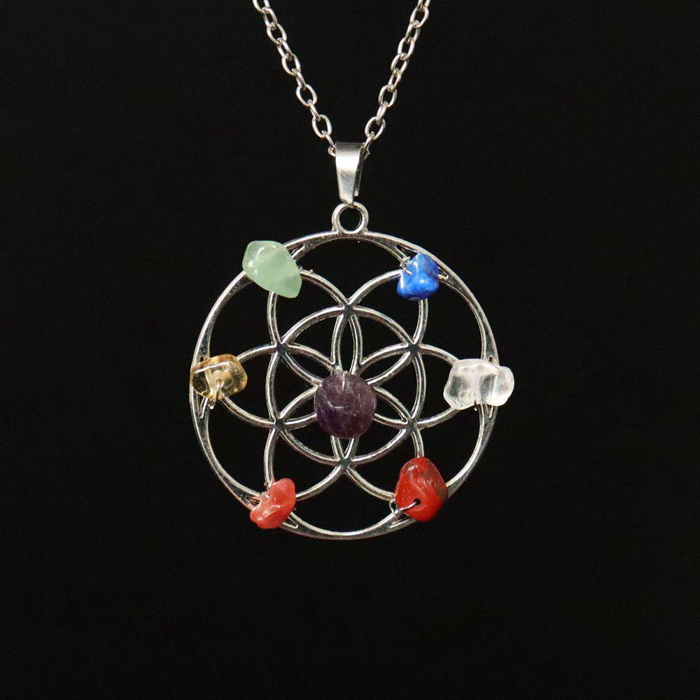 Amethyst Crystal Disc Pendant Necklace with Alloy Flower Design