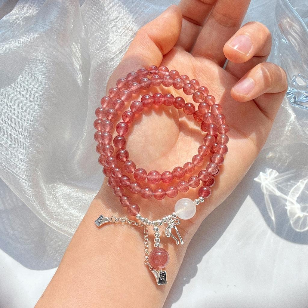 925 Silver 6Mm Pigeon Blood Red Natural Strawberry Crystal Moonstone Multi-Circle Bracelet Bracelet