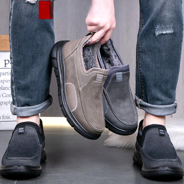 ზამთრის ახალი მამაკაცის ფლისის ფეხსაცმელი მრავალმხრივი რბილი ძირებით, მსუბუქი, არ მოცურებადი ქსოვილის ფეხსაცმელი, ყოველდღიური გასქელებული თბილი მამაკაცის ბამბის ფეხსაცმელი