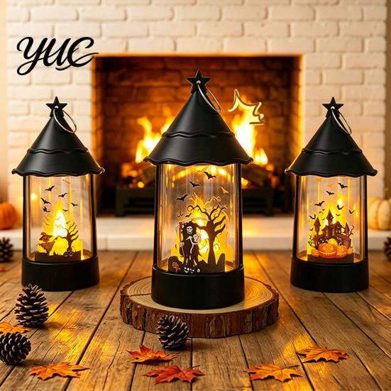 Battery Operated Candle Halloween Witch Hat Lantern, Vintage Spooky Castle Grim Reaper Pumpkin Scarecrow Tabletop Holiday Decor Table Lamp, Flickering