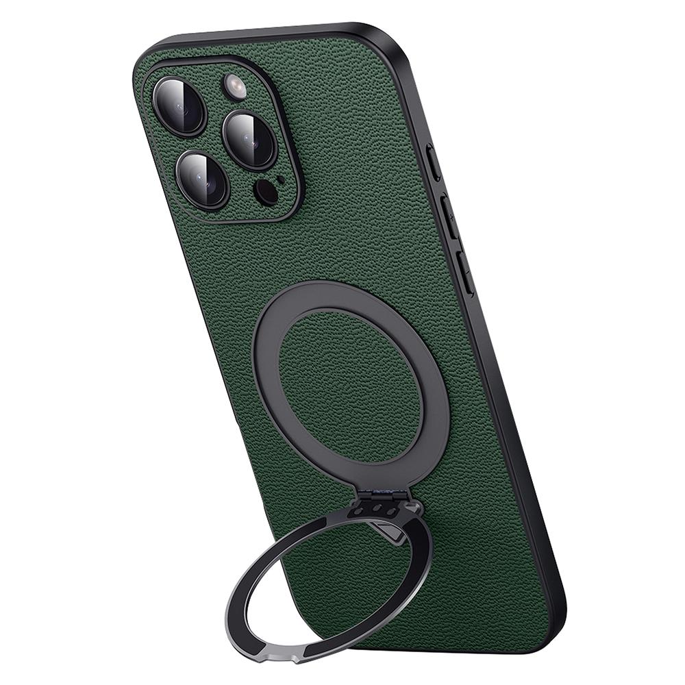 For iPhone 15 Pro Max Case Compatible with MagSafe Genuine Cow Leather+PC Kickstand Phone Cover