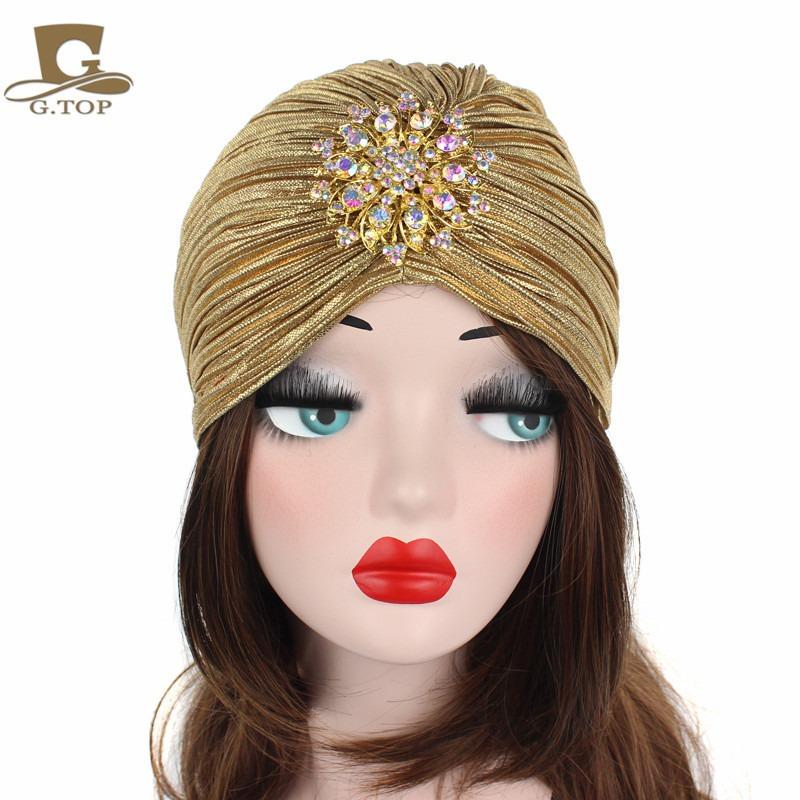 Noble gold pleated Indian hat headscarf hat with gold brooch accessories TJMG warm