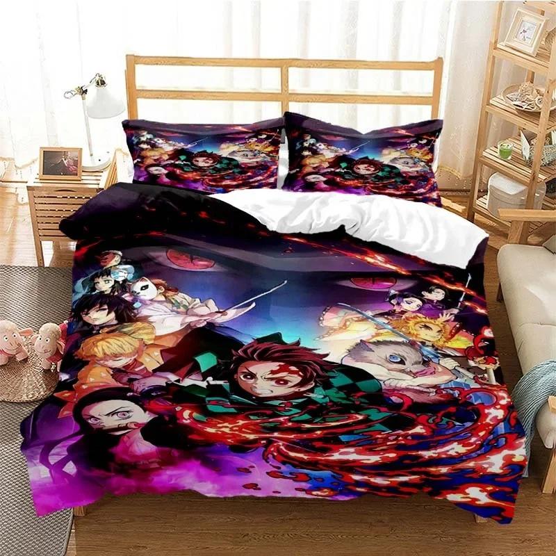 3D-tryckt Anime Demon Slayer Påslakan Nezuko Tanjirou Sängklädesset Dubbel Twin Full Queen King Vuxen Barn Täcke