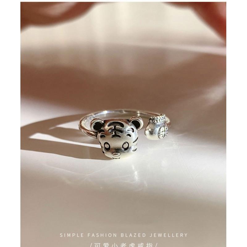 Adjustable Sterling Cute Tiger Ring Women Men Vintage Geometric Open Band Jewelry