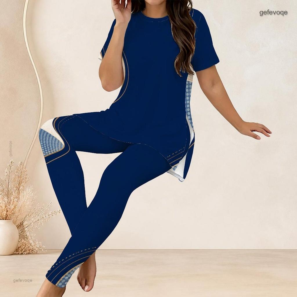 Women Plus Size White Printed Two Piece Outfit Round Neck Short Sleeve Longline Top Fitted Long Pants
