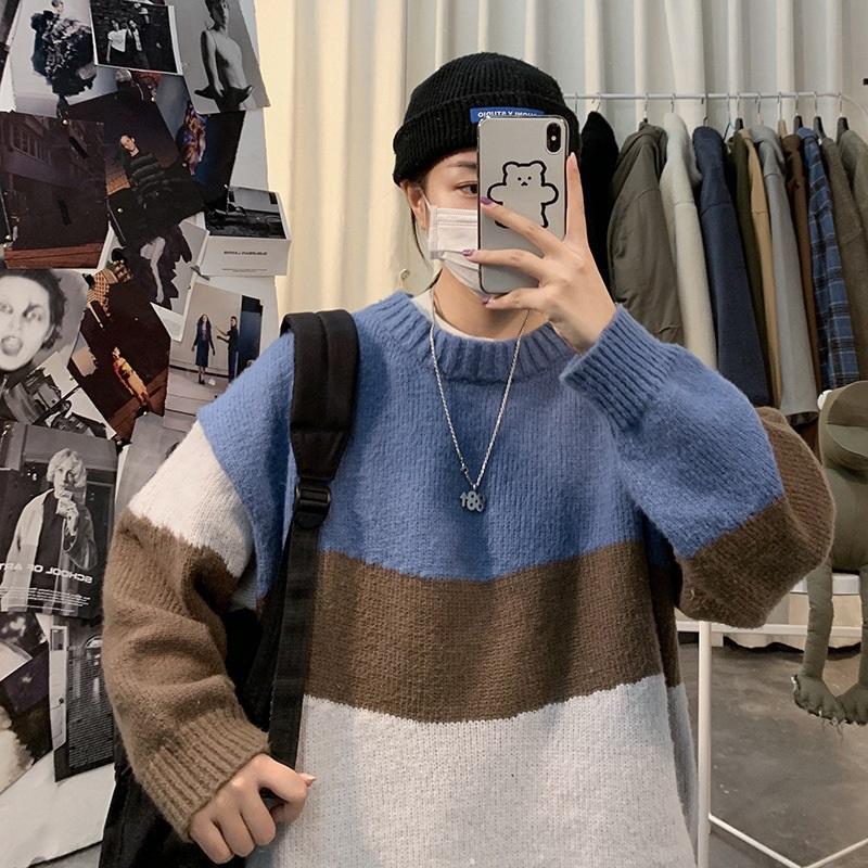  Color Block Crew Neck Sweater Men Loose Fit Casual Knit Pullover Jumper
