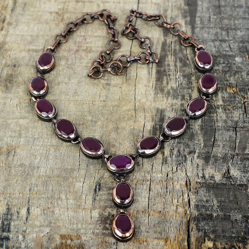 Fasetowany naszyjnik z rubinu kaszmirskiego naszyjnik z miedzi elektroformowanej kamień szlachetny ręcznie robiona biżuteria regulowany naszyjnik z łańcuszkiem biżuteria miedziana prezenty dla niej