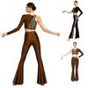 Leopard Print Rhinestone One Shoulder Crop Top and Flared Pants Set for Women Latin Jazz Dance Competition Stage Show