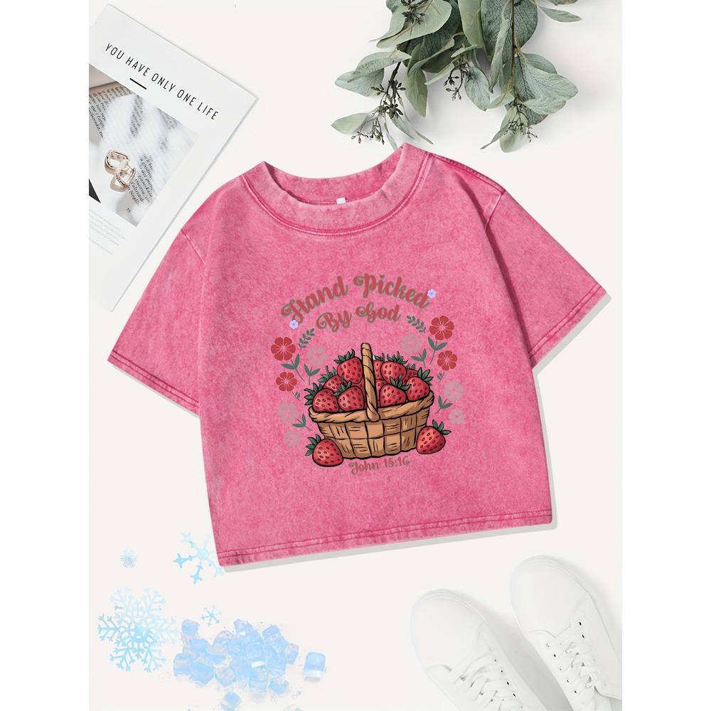 Summer Cotton Crop Tops Womens A Basket Of Fresh Strawberries Prints Washed T-Shirt Fit O-Neck Tees Y2K Clothes