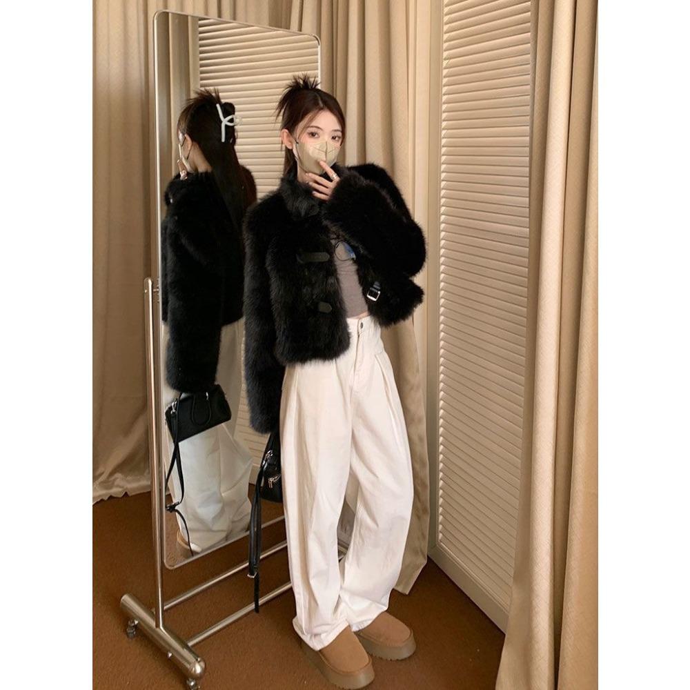 Ekologický kožich Zimní Malý Nový Imitace Liščí Kožešiny Módní Dámské Oblečení Černý Stojáček Top Trendy