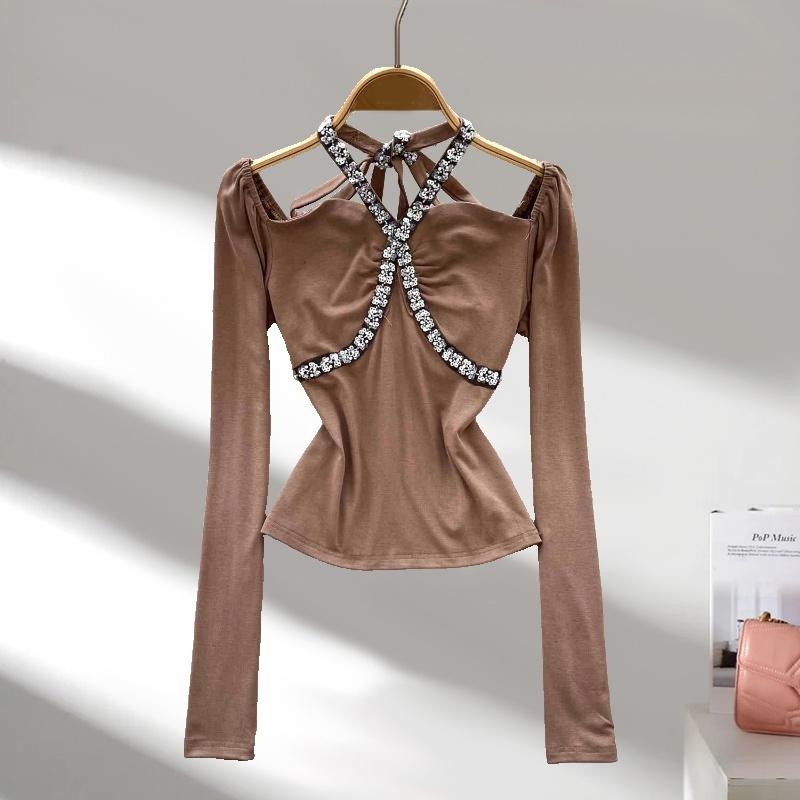 Fashion Sexy Long Sleeved Women's T-shirt Spring Embroidered Beaded Sling Slim and Thin Bottoming Shirt Top Solid Color Women's Clothing 3517