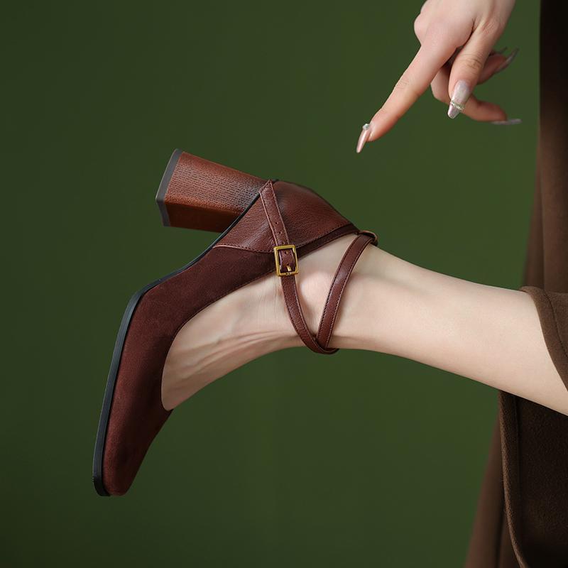 2025 new thick heel Mary Jane women's shoes French new celebrity style high heels cross strap light mouth single shoes