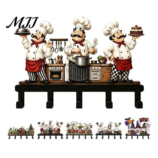 Decorative Chef Figurine Rack Metal Kitchen Wall Hanger with Chef/House/Gnome/Train Elements, Hanging Hooks, Organizer Mounted Storage for Utensils