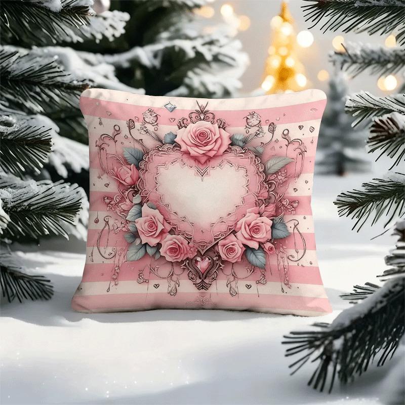 

1Pc Valentine s Day pillow cover with pink rose and heart pattern, soft and comfortable, machine washable, single-sided printing 40x40cm/16x16inch