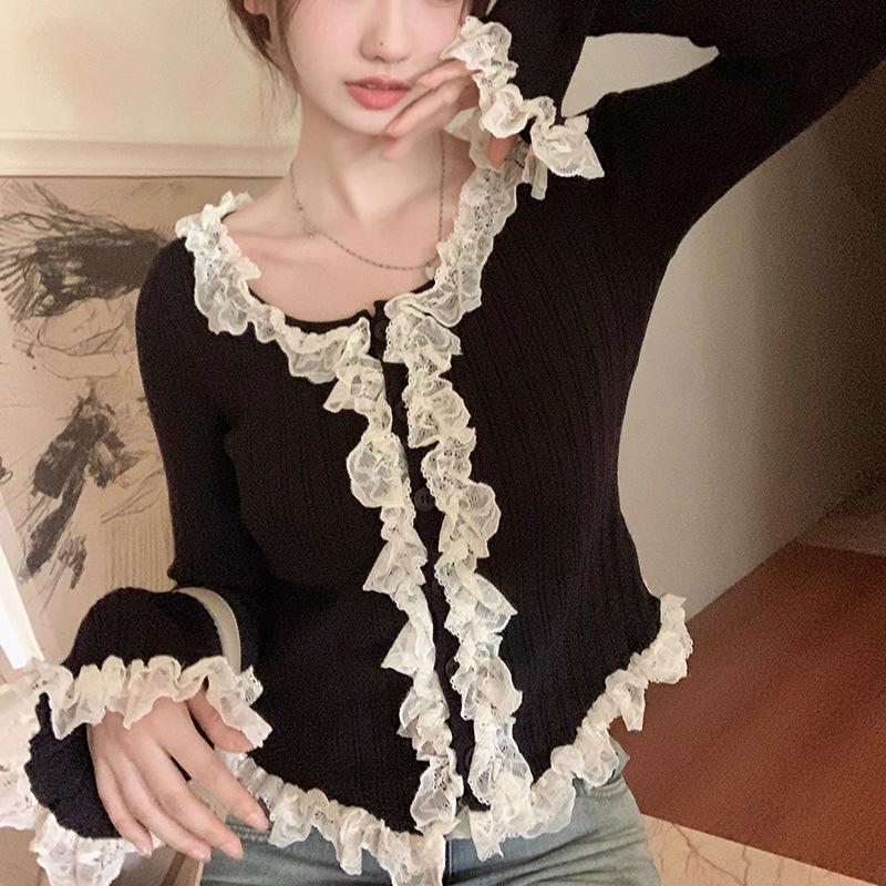 Pure Desire Knitted Small Cardigan Women'S Clothing Spring And Autumn Lace Sweater Coffee Break French Style With Bottom Top Tide
