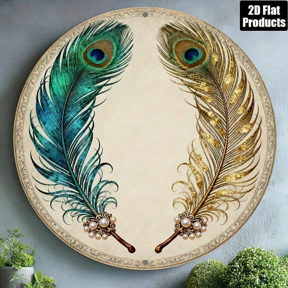 Retro Peacock Feather Round Metal Sign 8x8 Inch Vintage Aluminum Wall Plaque Bar Kitchen Cafe Office Home Decor